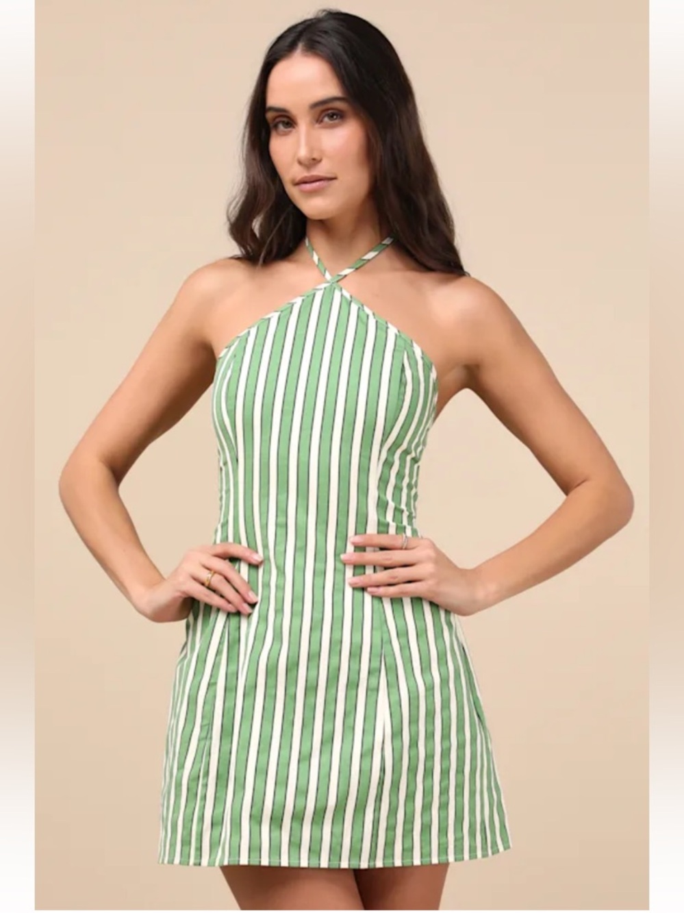 Lulu’s Madelia Green Striped Halter Mini Dress
